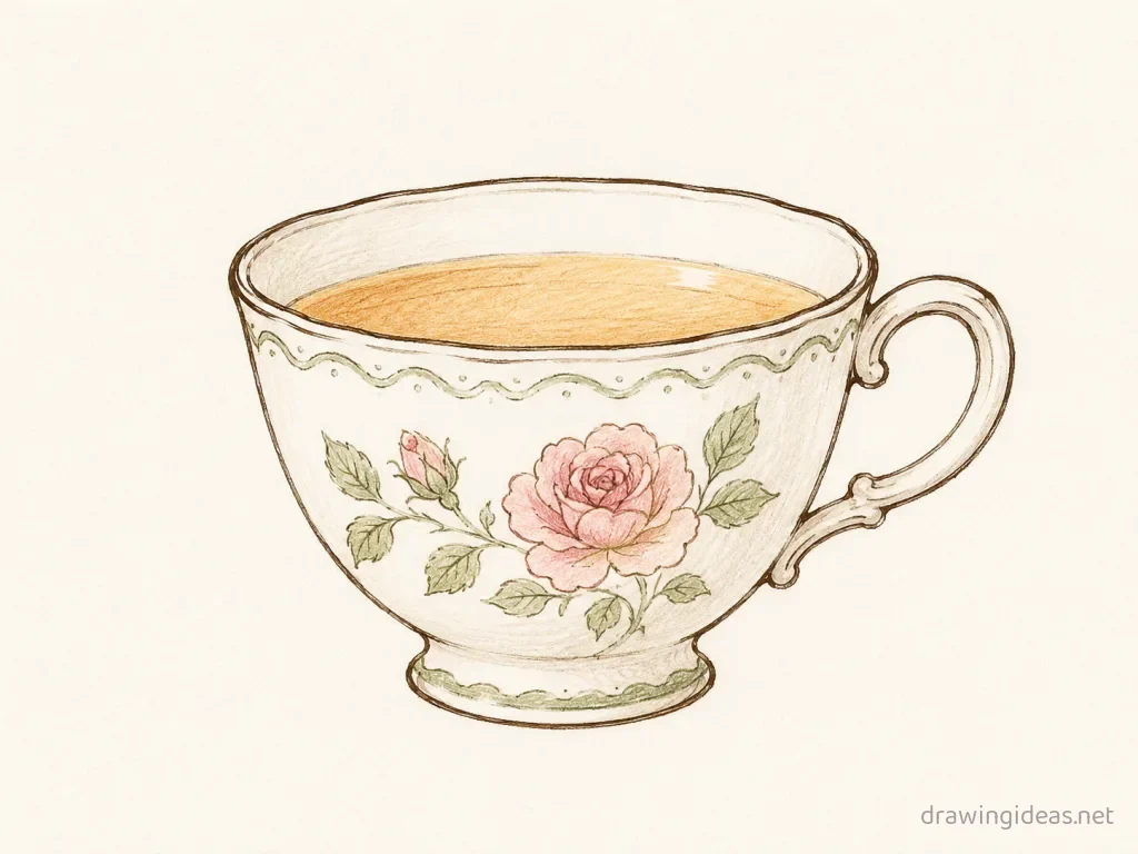 Tea Cup drawing — hand-drawn tea cup illustration with ink lines and soft colors