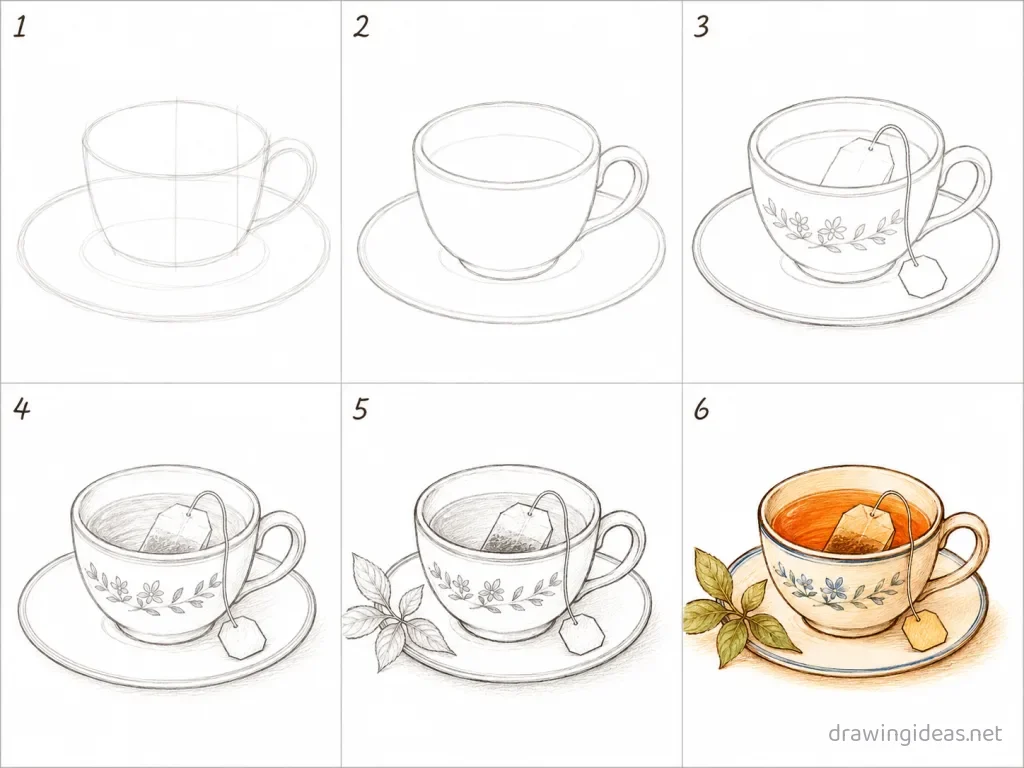 How to draw tea step by step — 6-step tea drawing tutorial grid