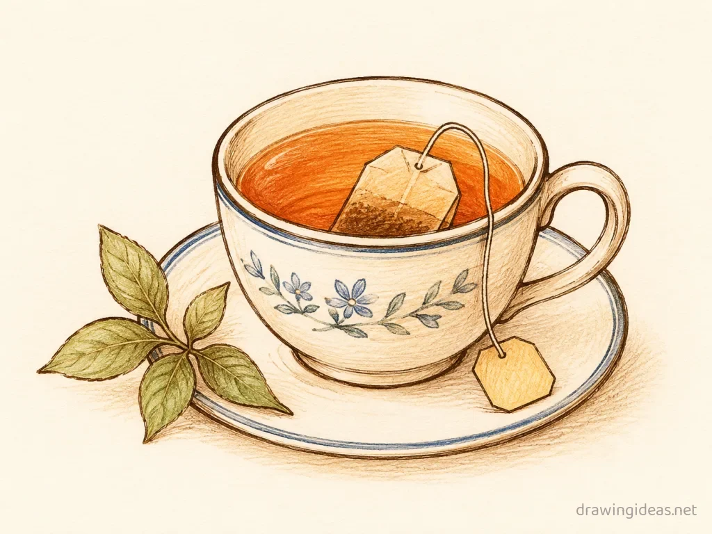 Tea drawing — hand-drawn tea illustration with ink lines and soft colors
