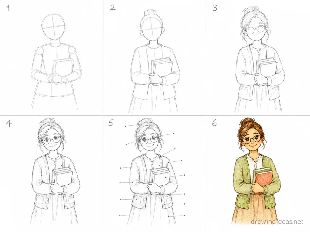 How to draw a teacher step by step — 6-step teacher drawing tutorial grid