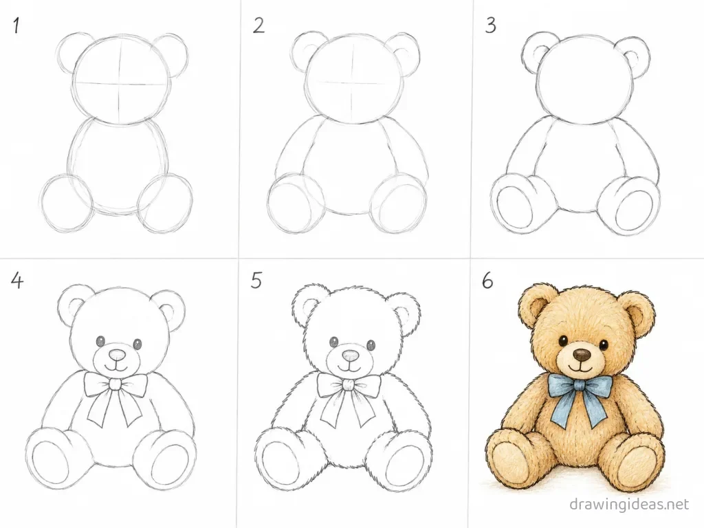 How to draw a teddy bear step by step — 6-step teddy bear drawing tutorial grid