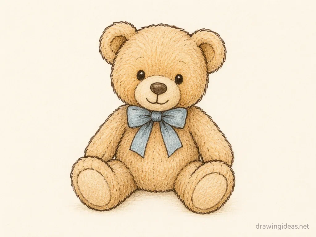 Teddy Bear drawing — hand-drawn teddy bear illustration with ink lines and soft colors
