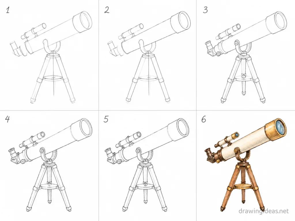 How to draw a telescope step by step — 6-step telescope drawing tutorial grid