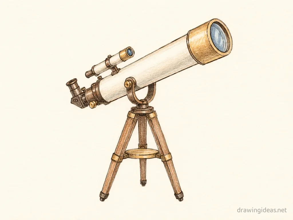 Telescope drawing — hand-drawn telescope illustration with ink lines and soft colors