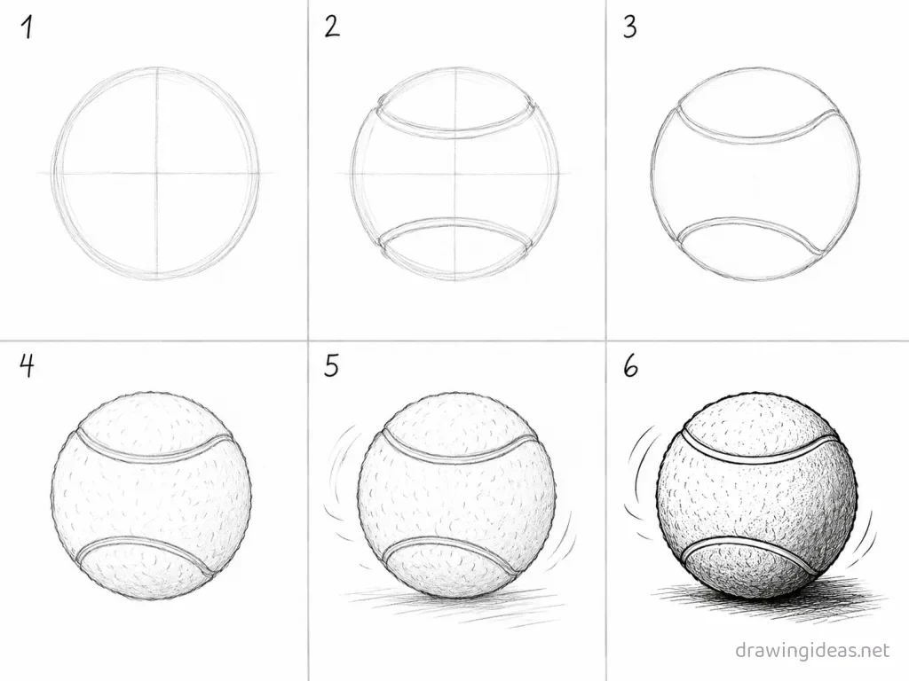 How to draw a tennis ball step by step — 6-step tennis ball drawing tutorial grid