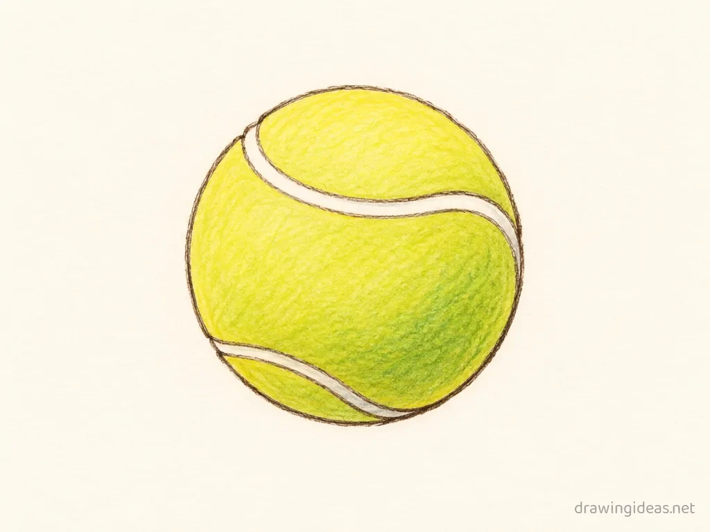 Tennis Ball drawing — hand-drawn tennis ball illustration with ink lines and soft colors