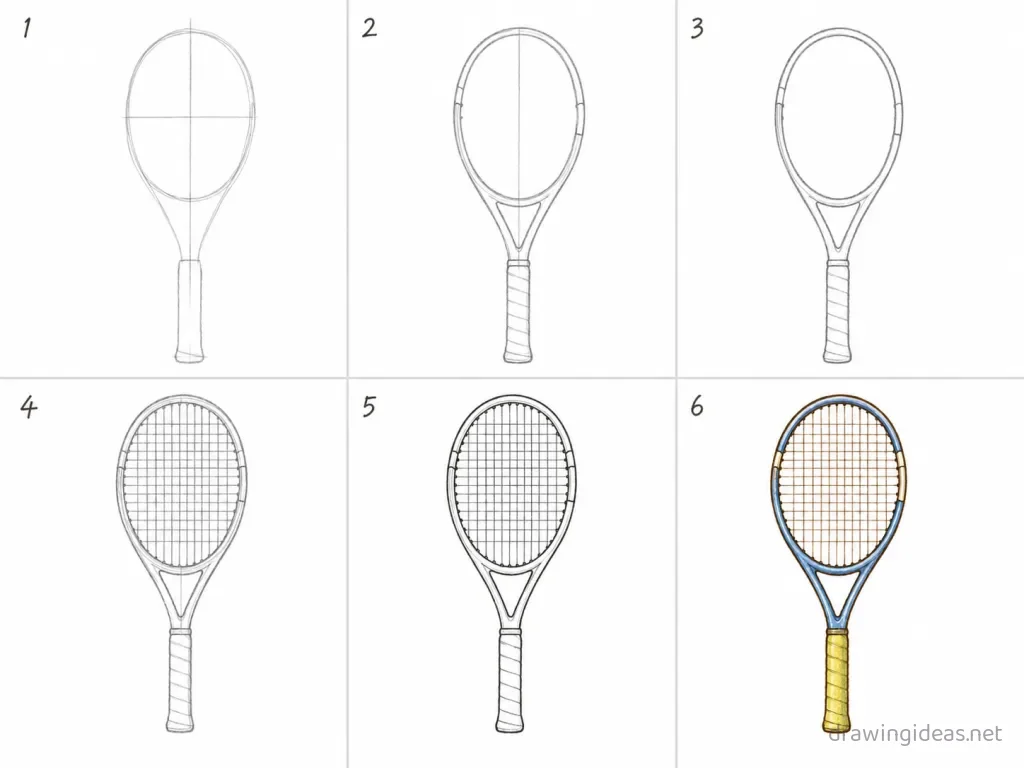 How to draw a tennis racket step by step — 6-step tennis racket drawing tutorial grid
