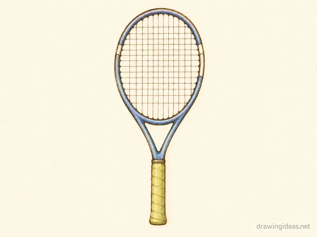 Tennis Racket drawing — hand-drawn tennis racket illustration with ink lines and soft colors