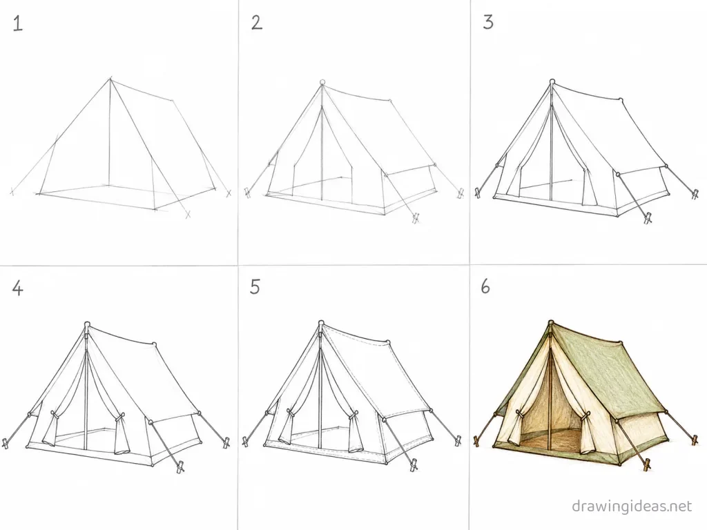 How to draw a tent step by step — 6-step tent drawing tutorial grid