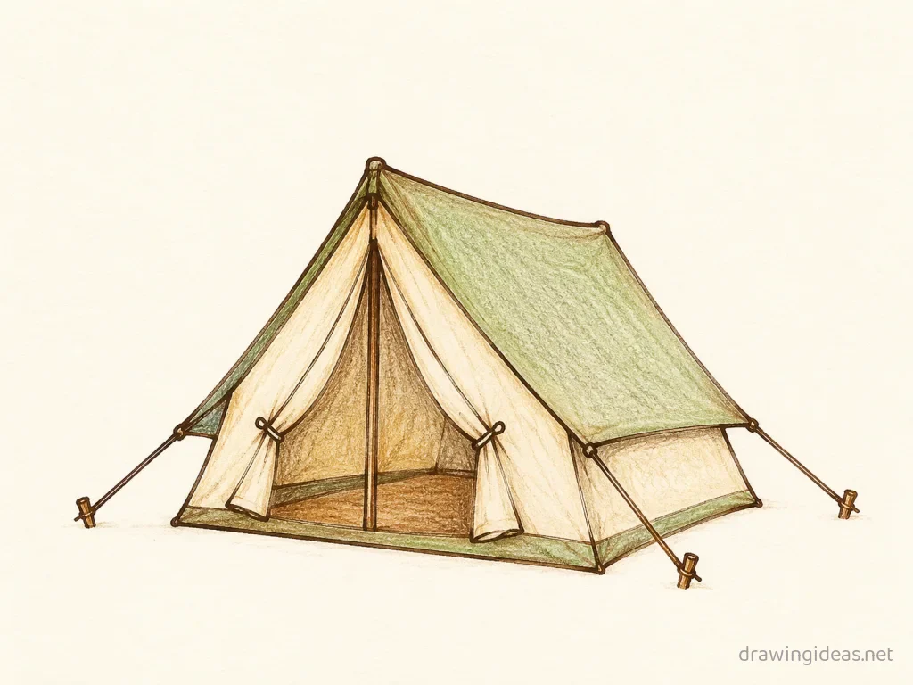 Tent drawing — hand-drawn tent illustration with ink lines and soft colors