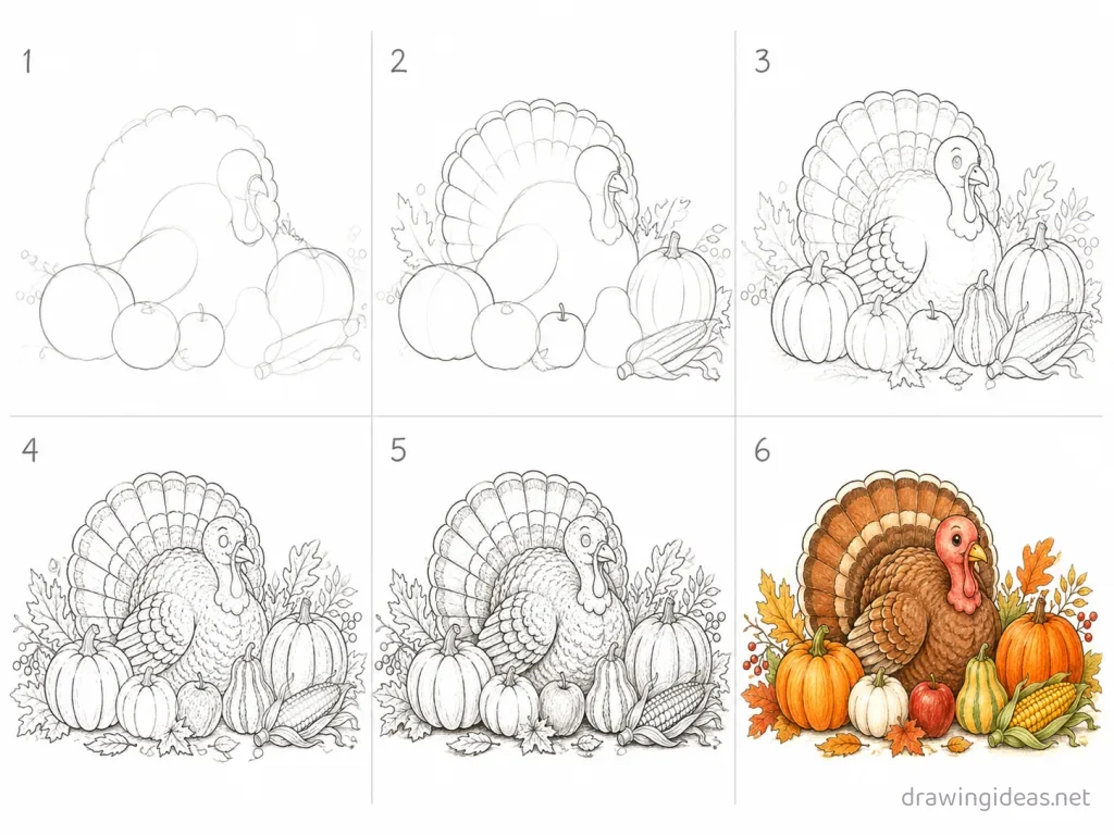 How to draw Thanksgiving step by step — 6-step Thanksgiving drawing tutorial grid