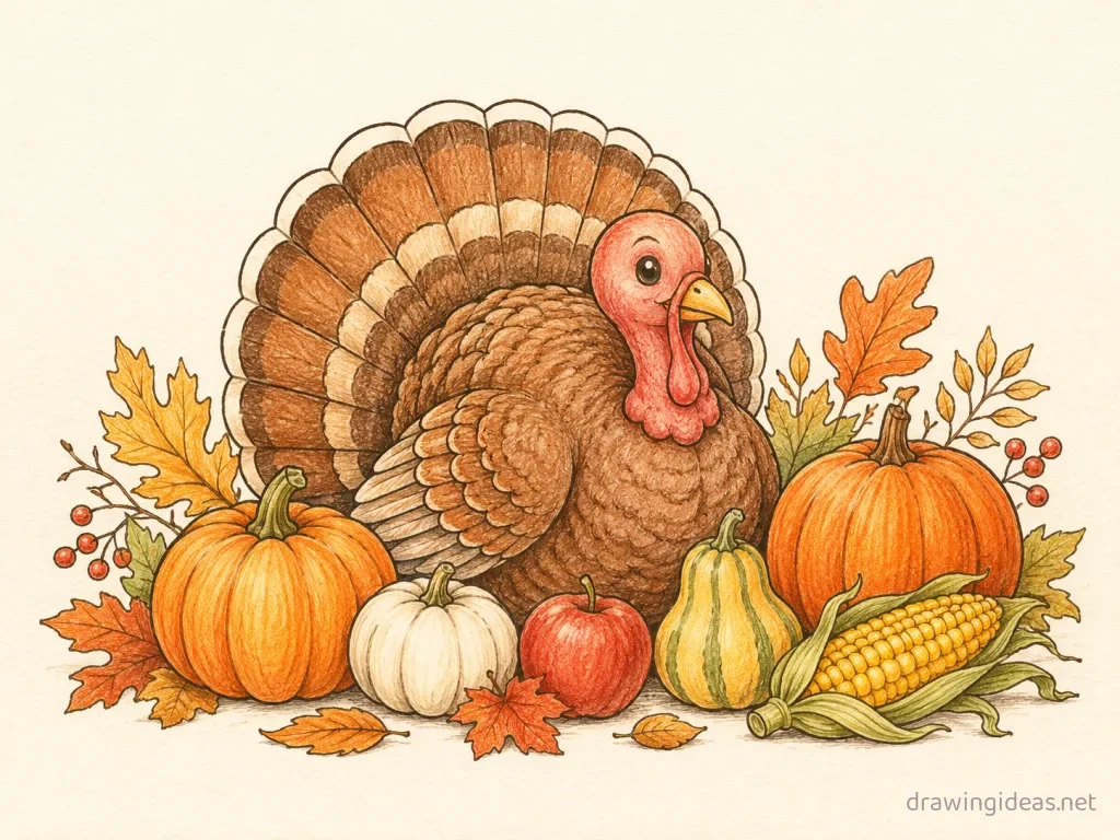Thanksgiving drawing — hand-drawn Thanksgiving illustration with ink lines and soft colors
