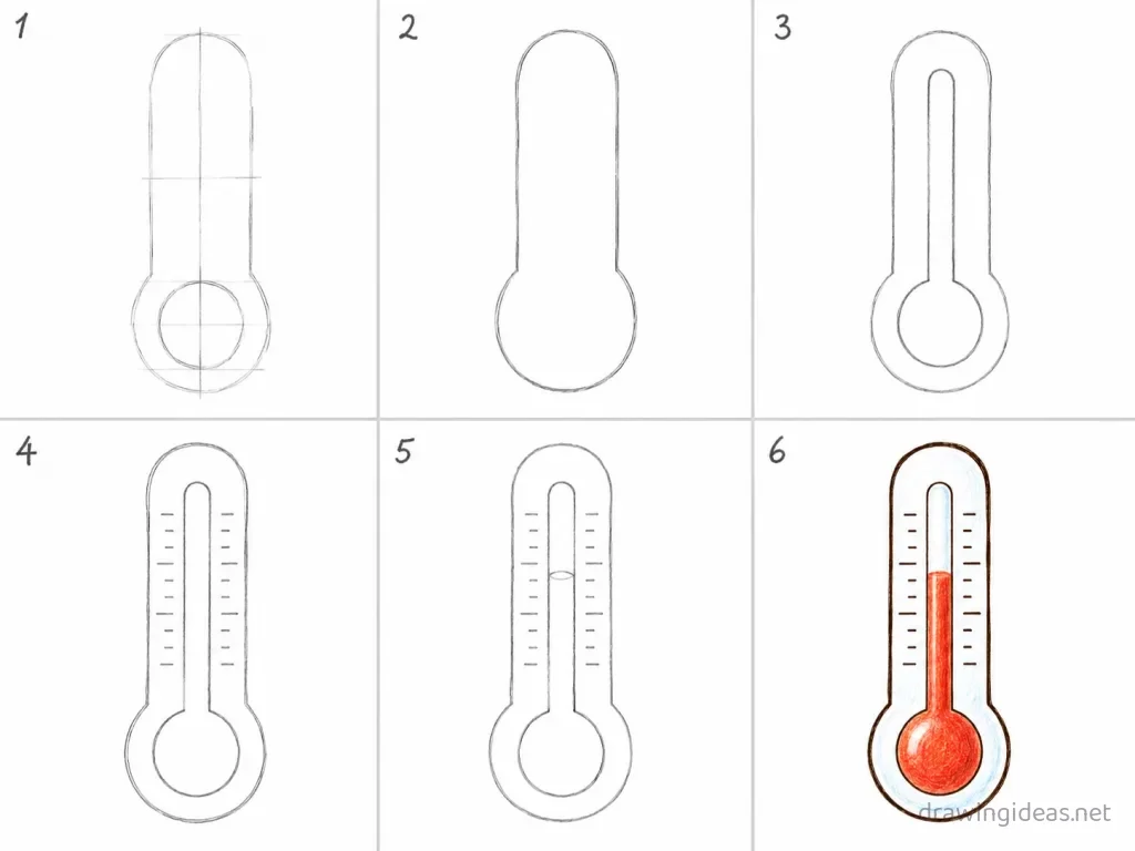 How to draw a thermometer step by step — 6-step thermometer drawing tutorial grid