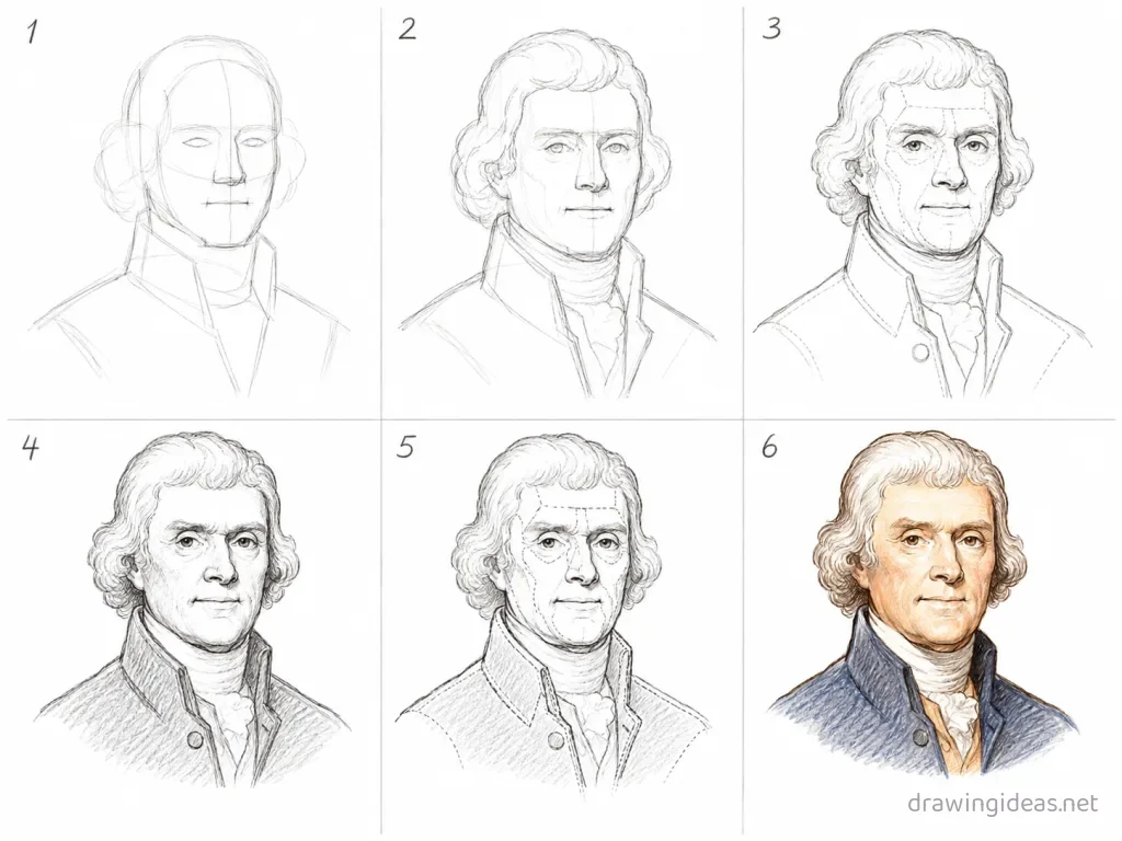 How to draw Thomas Jefferson step by step — 6-step Thomas Jefferson drawing tutorial grid