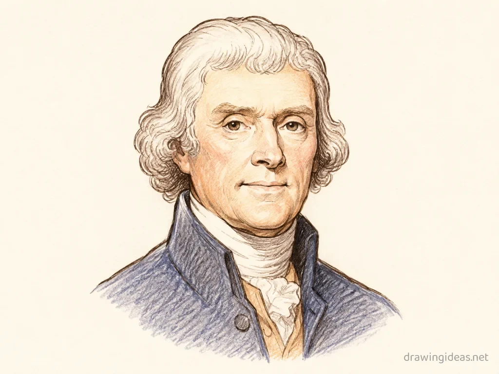 Thomas Jefferson drawing — hand-drawn Thomas Jefferson illustration with ink lines and soft colors