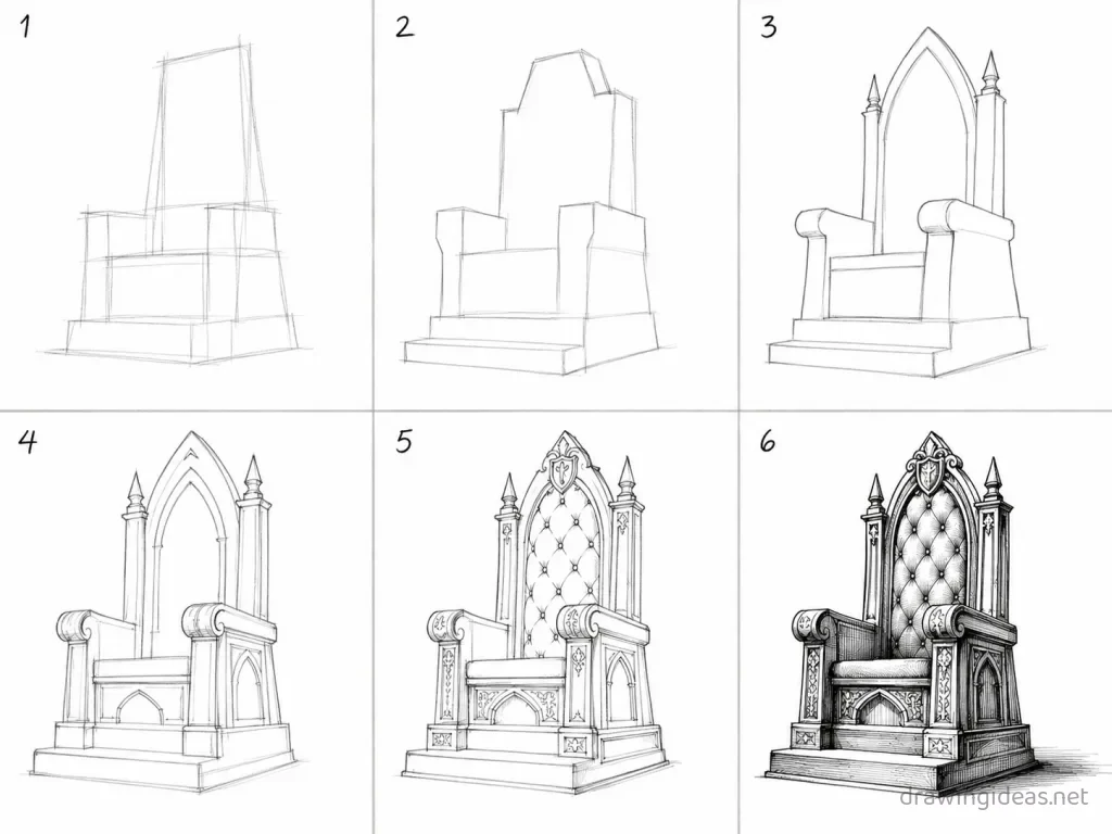 How to draw a throne step by step — 6-step throne drawing tutorial grid