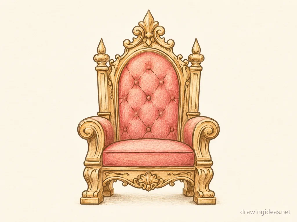 Throne drawing — hand-drawn throne illustration with ink lines and soft colors