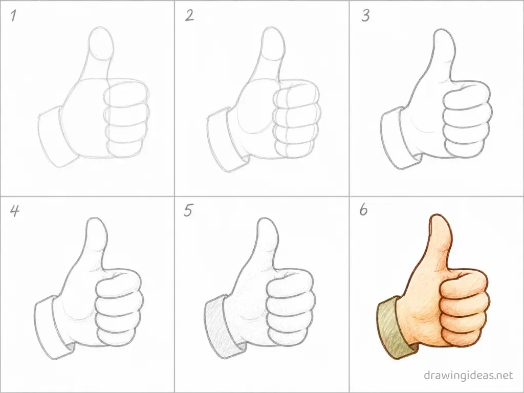 How to draw a thumbs up step by step — 6-step thumbs up drawing tutorial grid