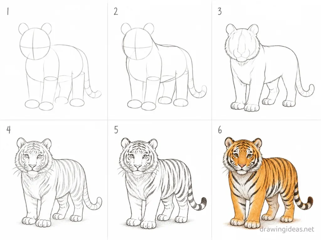 How to draw a tiger step by step — 6-step tiger drawing tutorial grid