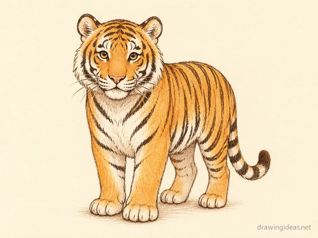 Tiger drawing — hand-drawn tiger illustration with ink lines and soft colors
