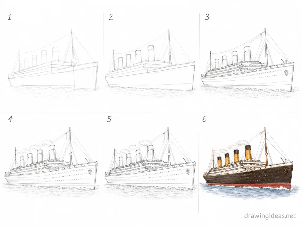 How to draw the Titanic step by step — 6-step Titanic drawing tutorial grid