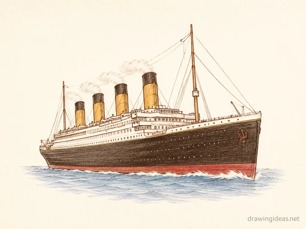 Titanic drawing — hand-drawn Titanic illustration with ink lines and soft colors