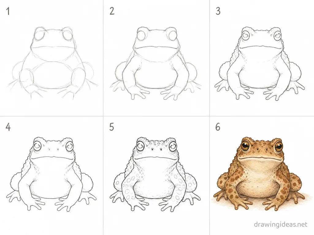 How to draw a toad step by step — 6-step toad drawing tutorial grid