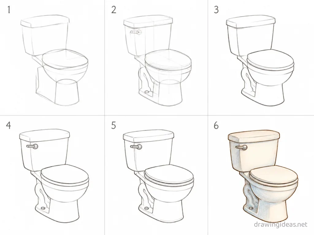How to draw a toilet step by step — 6-step toilet drawing tutorial grid