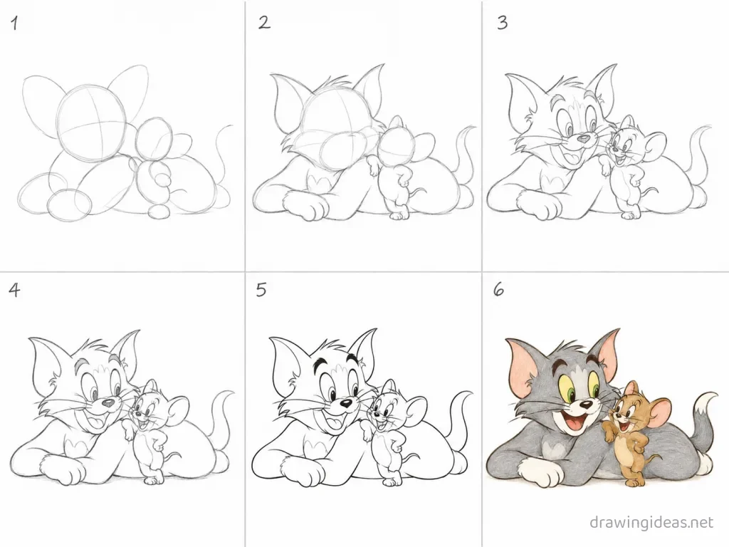 How to draw Tom and Jerry step by step — 6-step Tom and Jerry drawing tutorial grid