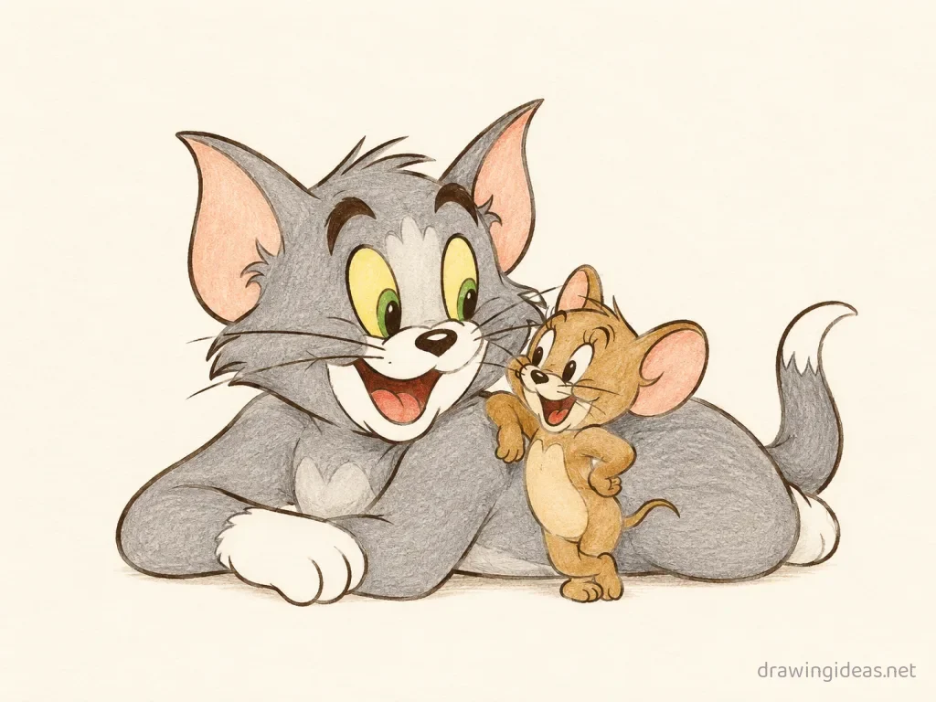 Tom and Jerry drawing — hand-drawn Tom and Jerry illustration with ink lines and soft colors