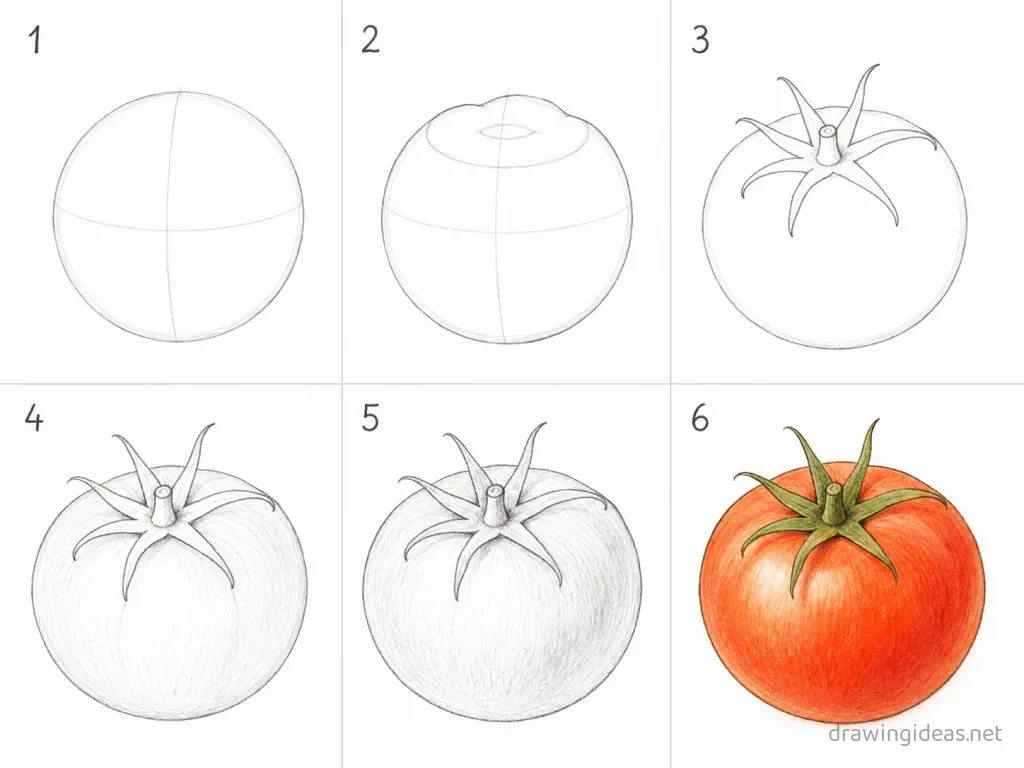 How to draw a tomato step by step — 6-step tomato drawing tutorial grid