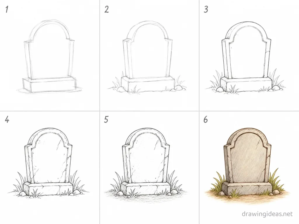 How to draw a tombstone step by step — 6-step tombstone drawing tutorial grid