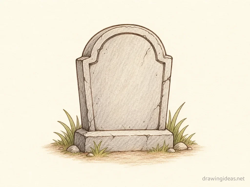 Tombstone drawing — hand-drawn tombstone illustration with ink lines and soft colors