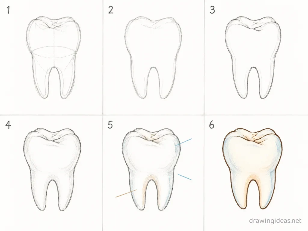 How to draw a tooth step by step — 6-step tooth drawing tutorial grid