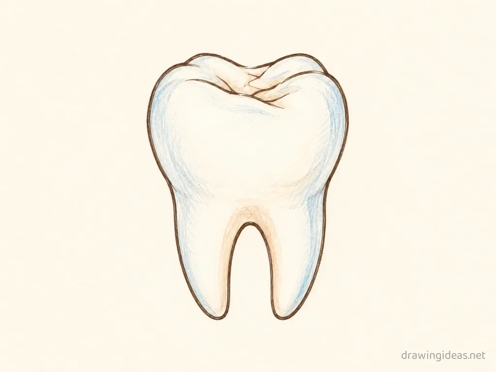 Tooth drawing — hand-drawn tooth illustration with ink lines and soft colors