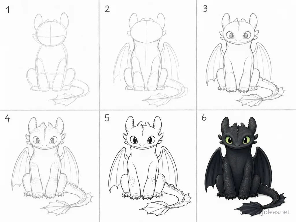 How to draw Toothless step by step — 6-step Toothless drawing tutorial grid