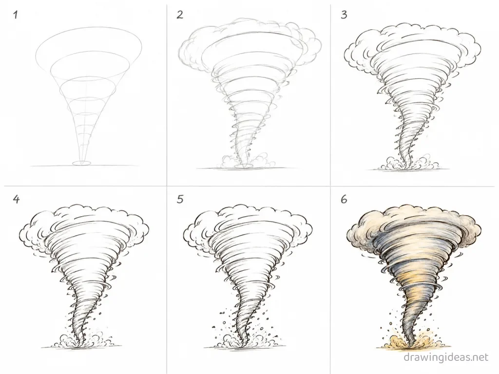 How to draw a tornado step by step — 6-step tornado drawing tutorial grid