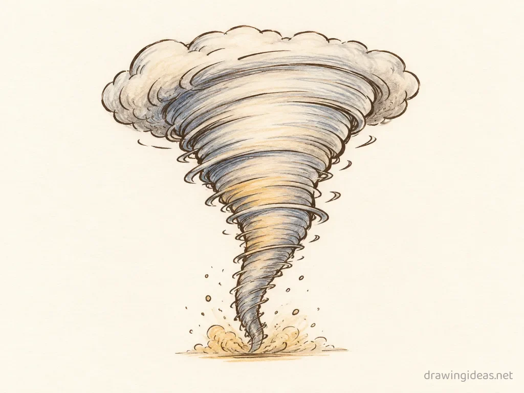 Tornado drawing — hand-drawn tornado illustration with ink lines and soft colors