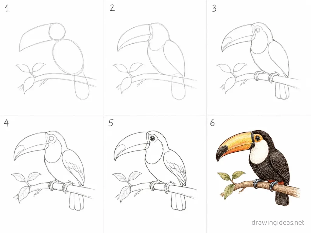 How to draw a toucan step by step — 6-step toucan drawing tutorial grid
