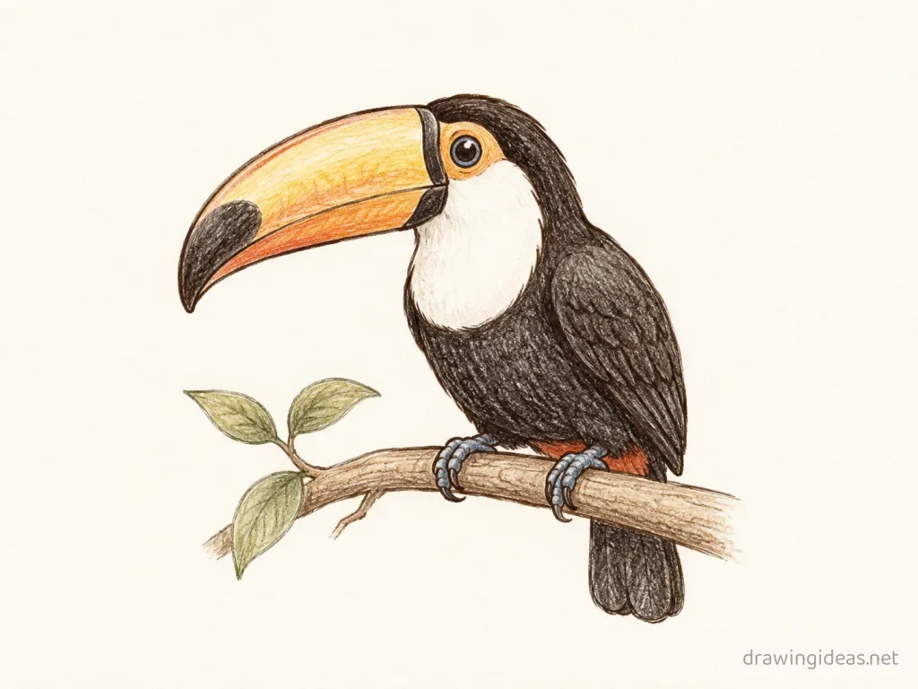 Toucan drawing — hand-drawn toucan illustration with ink lines and soft colors