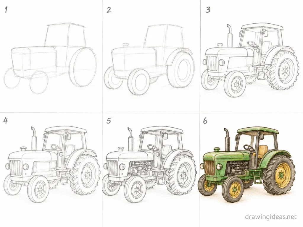 How to draw a tractor step by step — 6-step tractor drawing tutorial grid