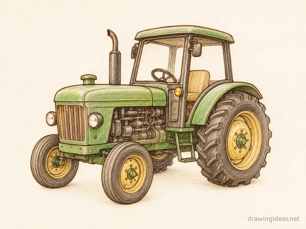 Tractor drawing ā hand-drawn tractor illustration with ink lines and soft colors