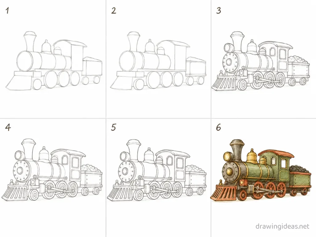 How to draw a train step by step — 6-step train drawing tutorial grid