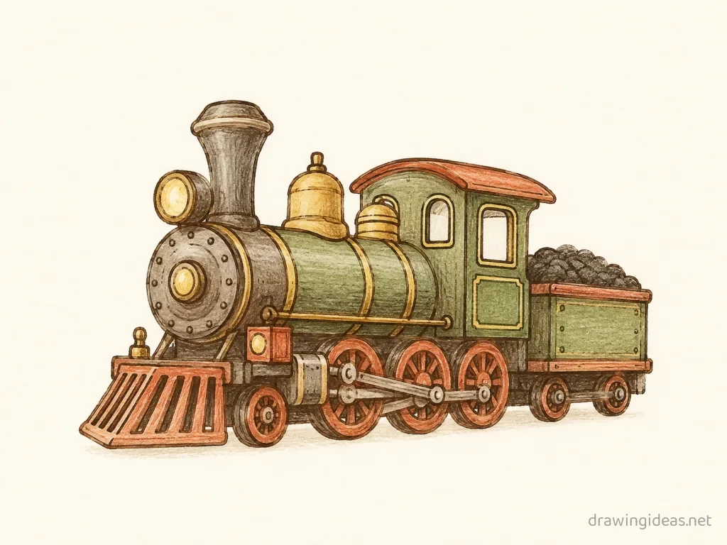 Train drawing ā hand-drawn train illustration with ink lines and soft colors