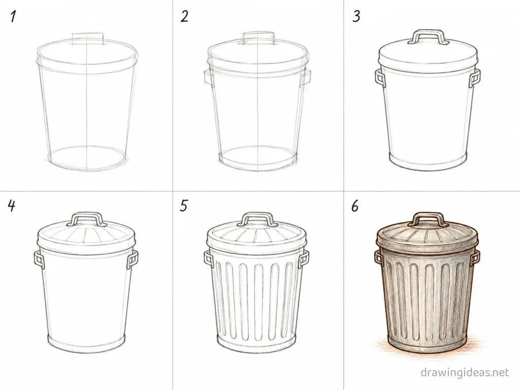 How to draw a trash can step by step — 6-step trash can drawing tutorial grid