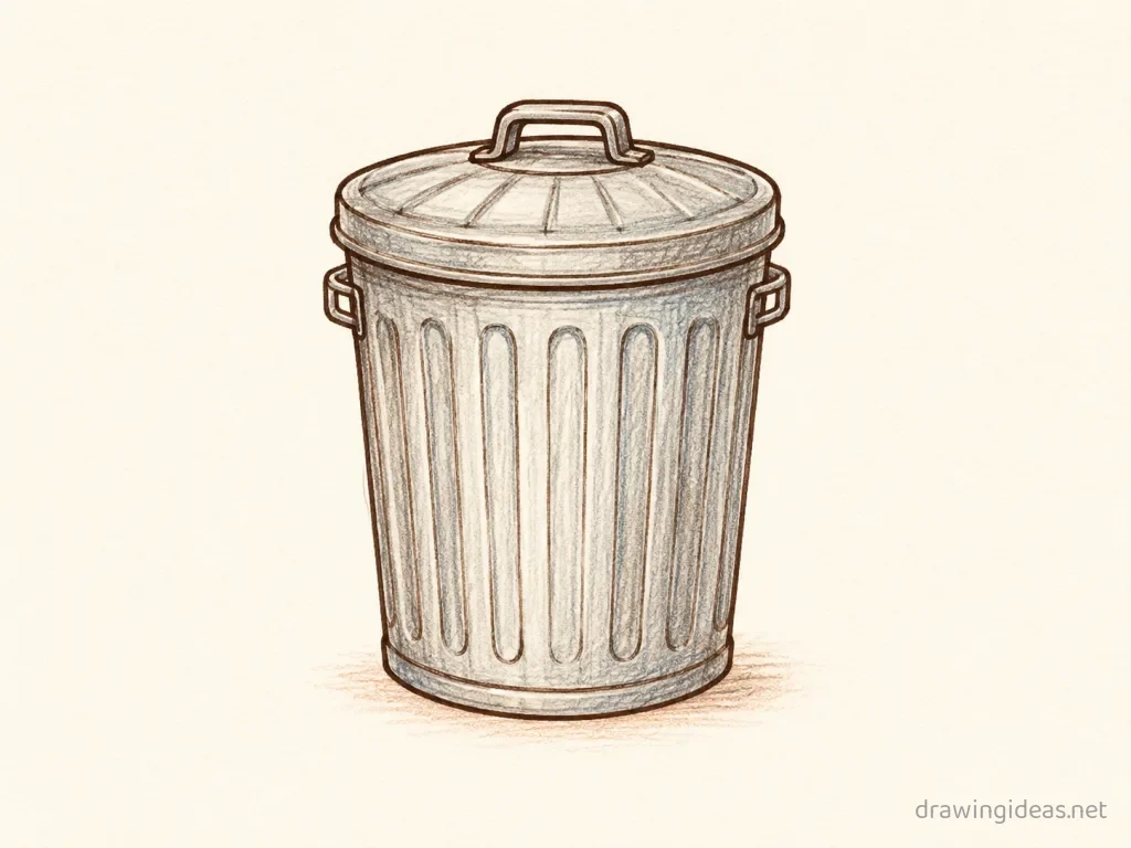 Trash Can drawing — hand-drawn trash can illustration with ink lines and soft colors