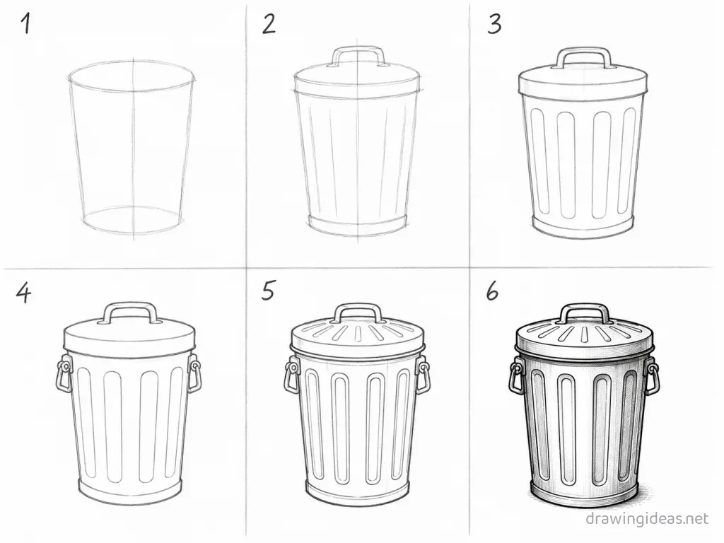 How to draw trash step by step — 6-step trash drawing tutorial grid