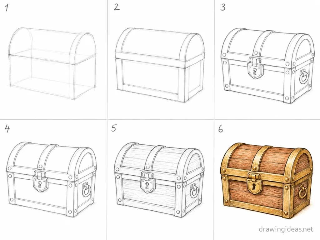 How to draw a treasure chest step by step — 6-step treasure chest drawing tutorial grid