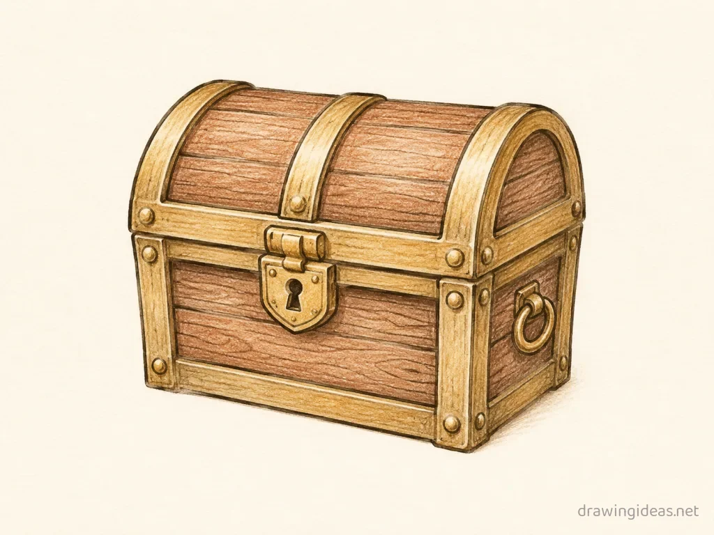 Treasure Chest drawing — hand-drawn treasure chest illustration with ink lines and soft colors