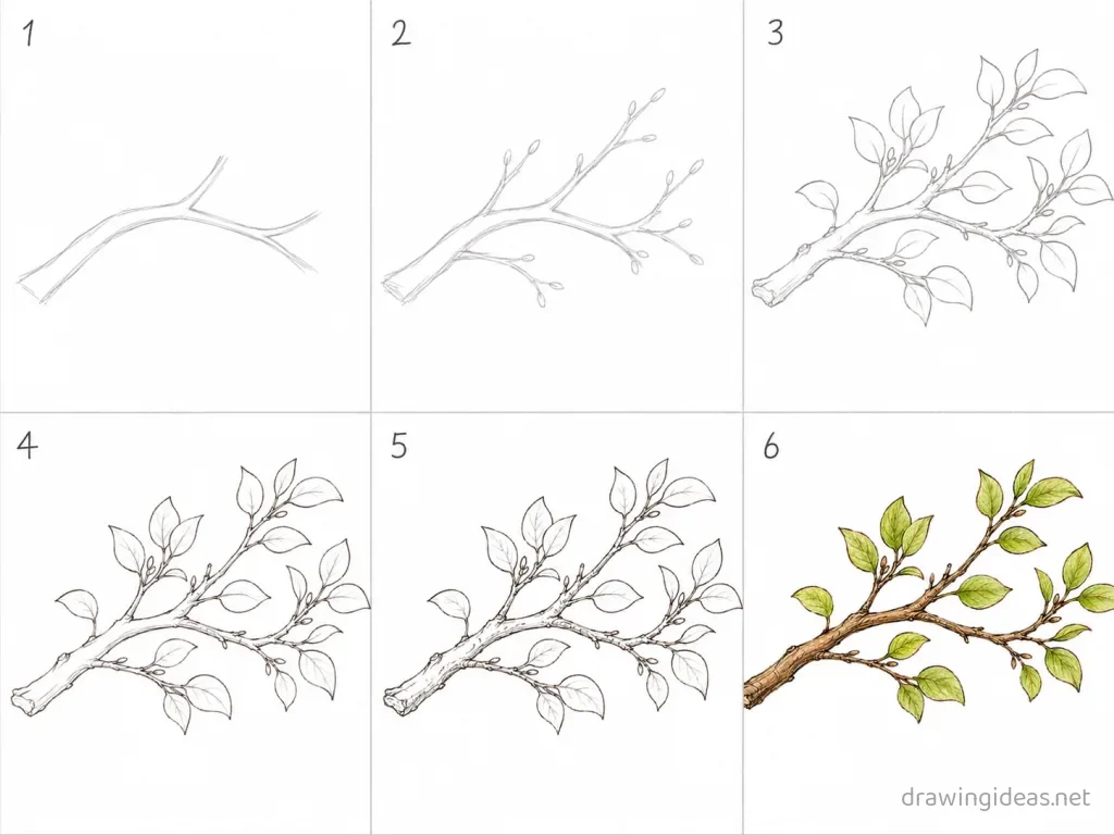 How to draw a tree branch step by step — 6-step tree branch drawing tutorial grid